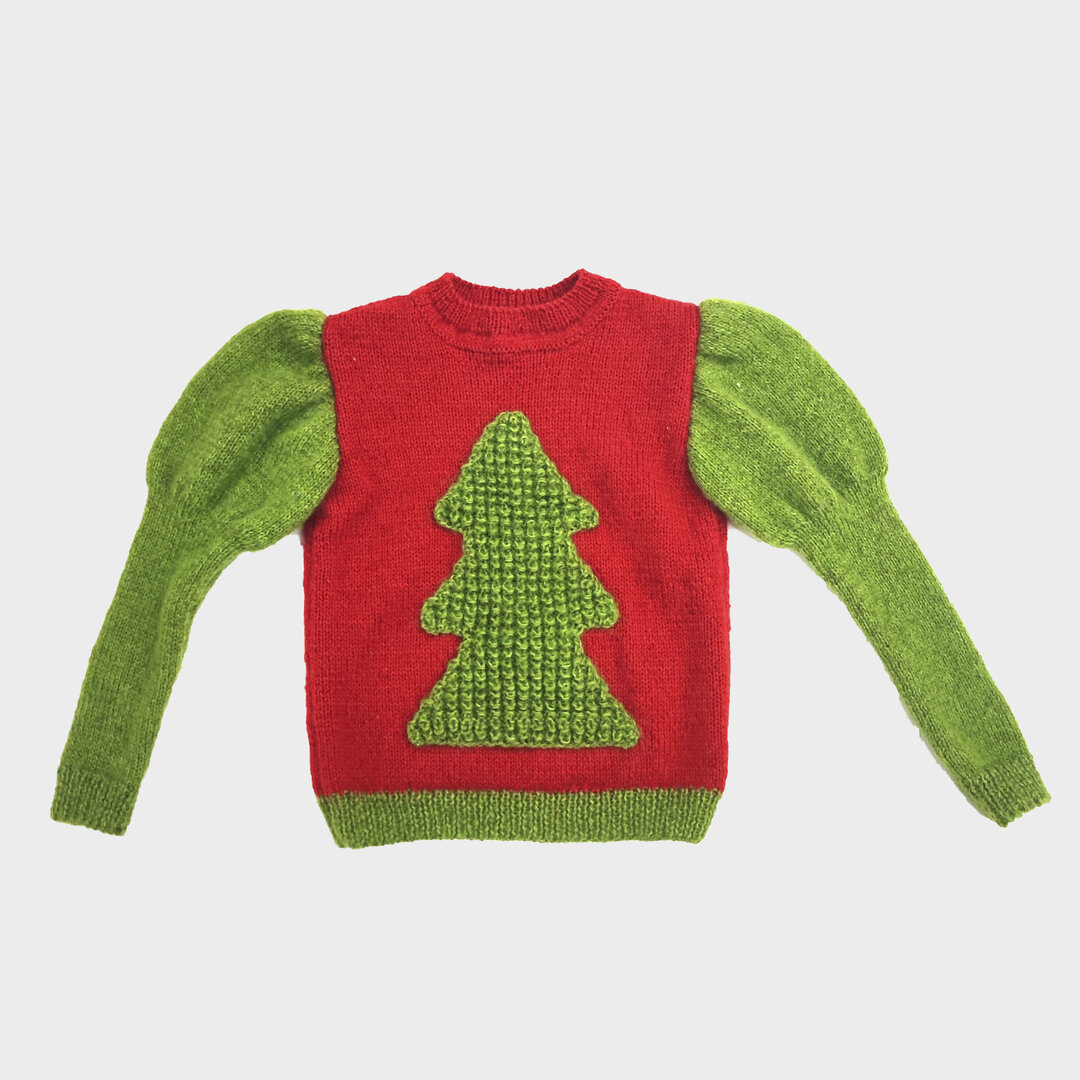 KNITTED RED  SWEATER WITH GREEN NEW YEAR TREE