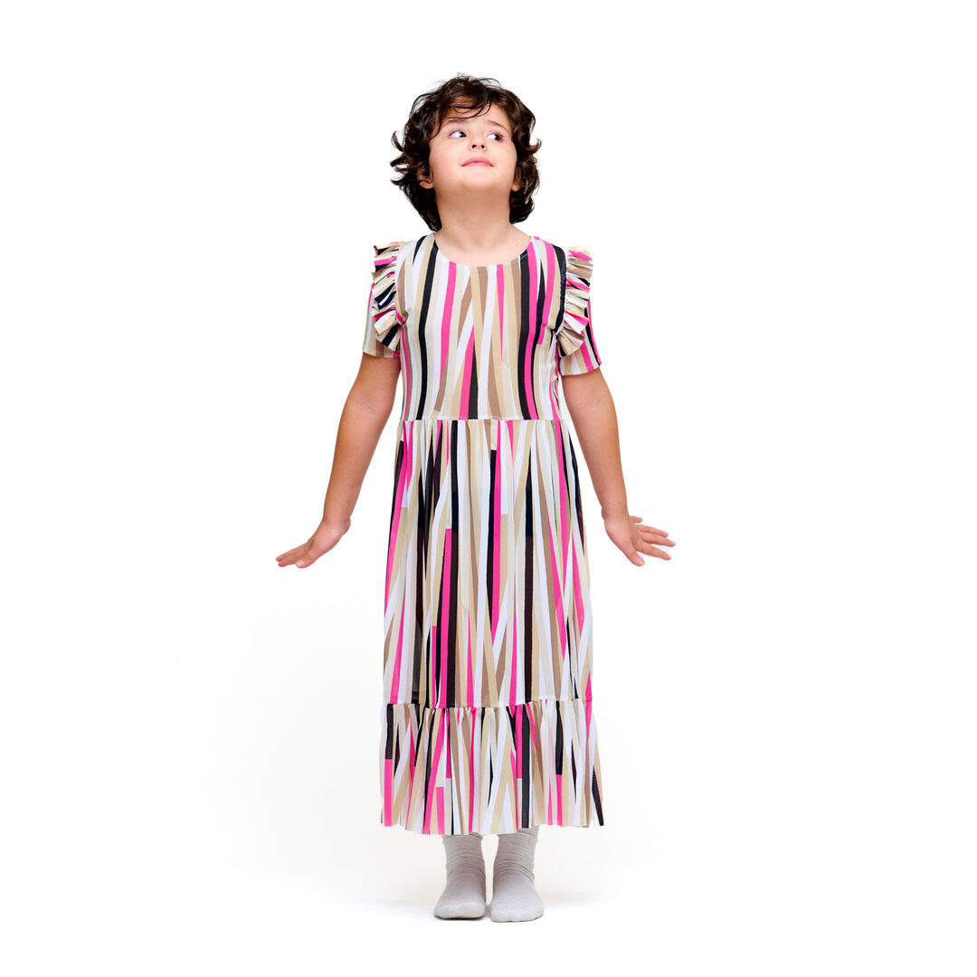 ITALIAN GRID DRESS WITH COLORFULL STRIPS AND RUFFLES ON SLEEVS