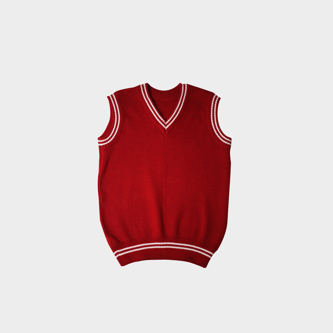 KNITTED RED SCHOOL VEST WITH TRAINGULAR CUTING