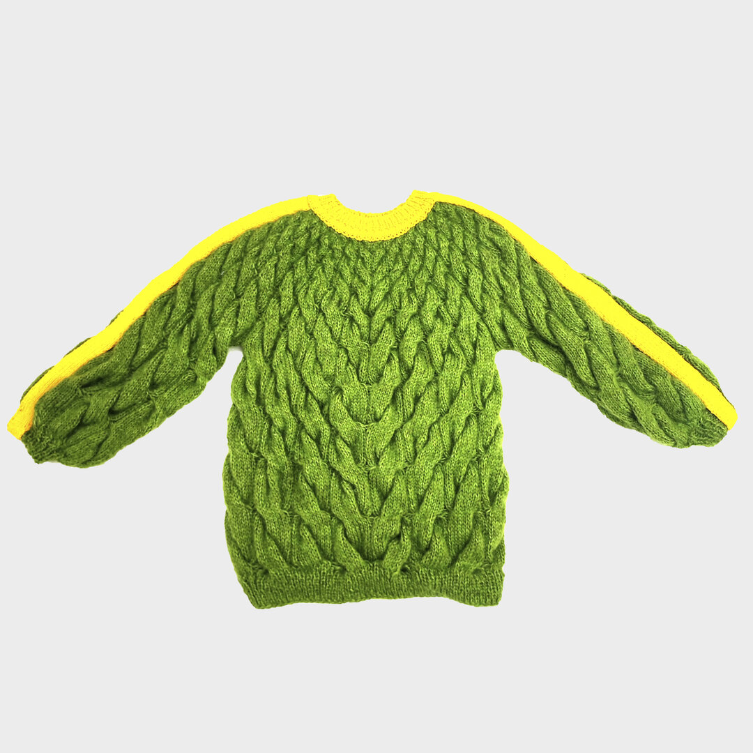 KNITTED HANDMADE GREEN  SWEATER WITH YELLOW STRIPS