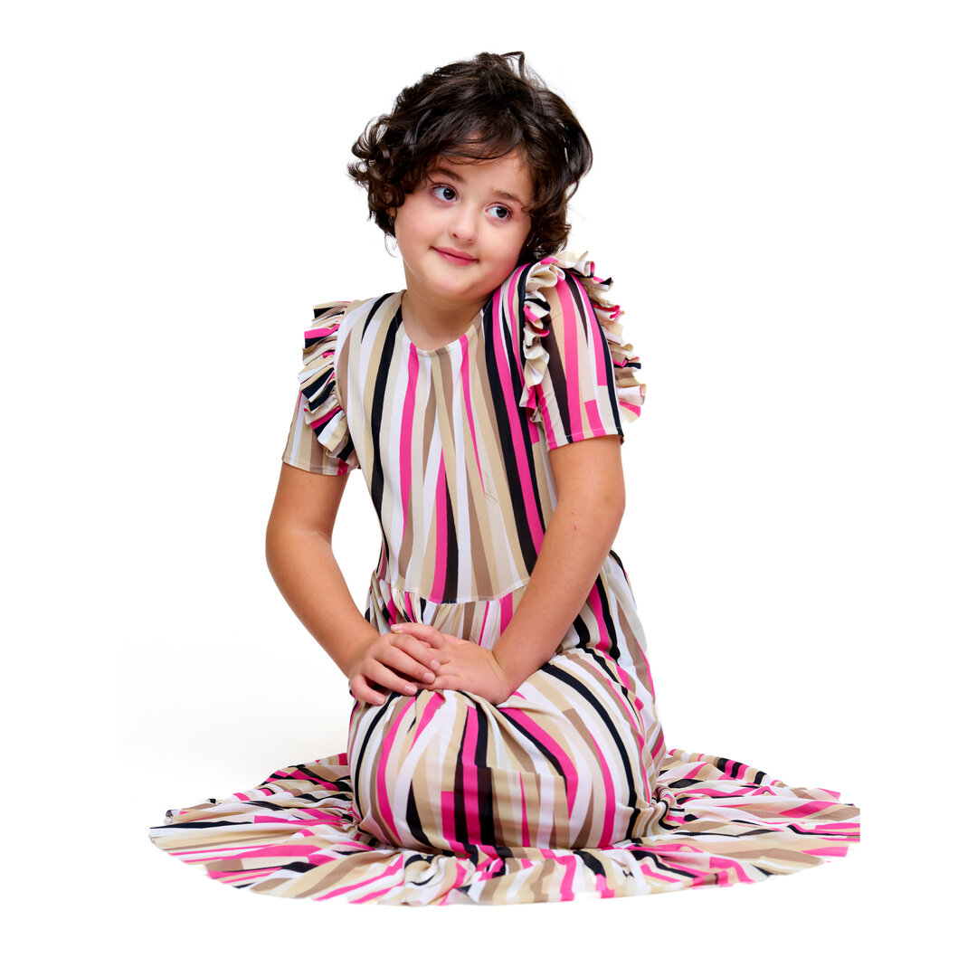 ITALIAN GRID DRESS WITH COLORFULL STRIPS AND RUFFLES ON SLEEVS